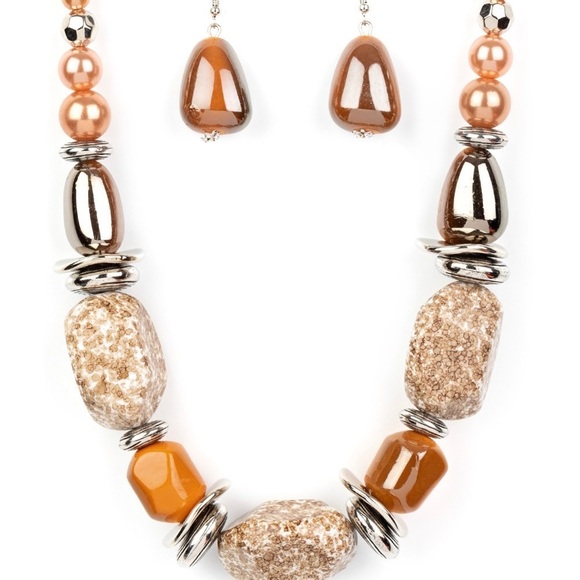 Beautiful Chunky Brown Orange & Silver Statement Necklace Set - Picture 2 of 4